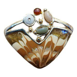 ECD multiple color acrylic Stones Enamel Pin Brooch brown tan gold tone 2 1/2"